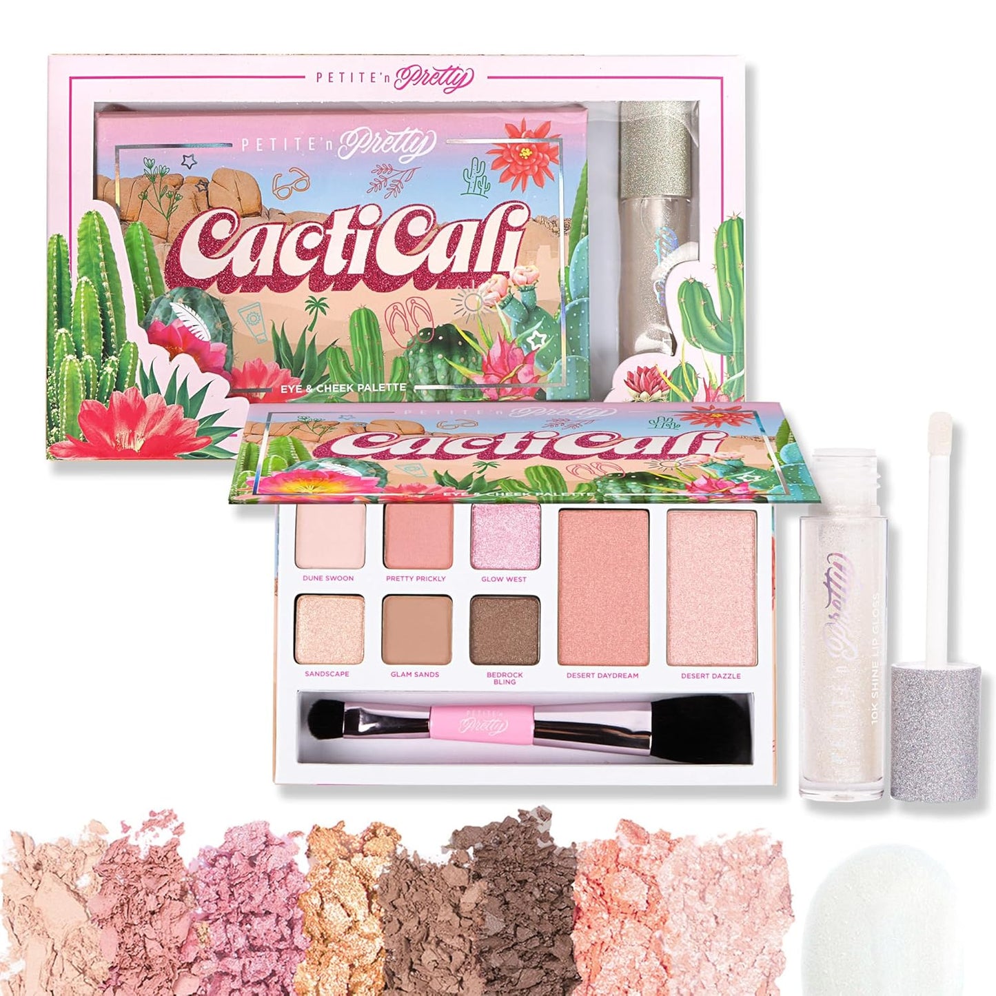 Petite N Pretty Beginner CactiCali Makeup Set for Kids, Teens, & Tweens - Natural Eyeshadow and Cheek Makeup Palette & 10k Shine Lip Gloss (Diamond Heist)