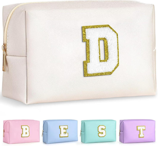 TOPEAST Preppy Small Makeup Bag, Chenille Letter Pouch Cosmetic Bag With Zipper, PU Leather Waterproof Toiletry Bag, Personalized Birthday Gift for Women, Cute Stuff for Girls (White D)