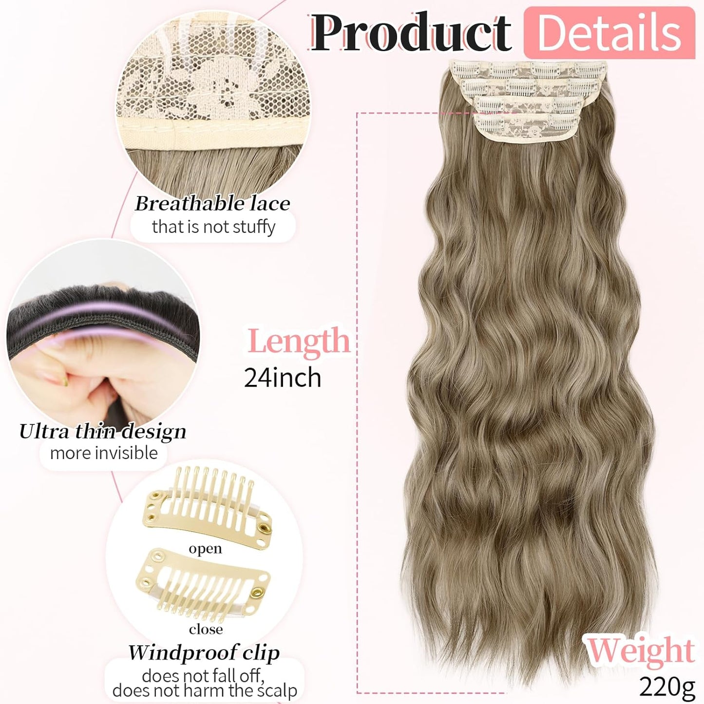 KooKaStyle Hair Extensions Ashy Taupe Blonde Clip in Synthetic Highlight Long Wavy 4PCS Thick Hairpieces for Daily Use 24 Inch for Women