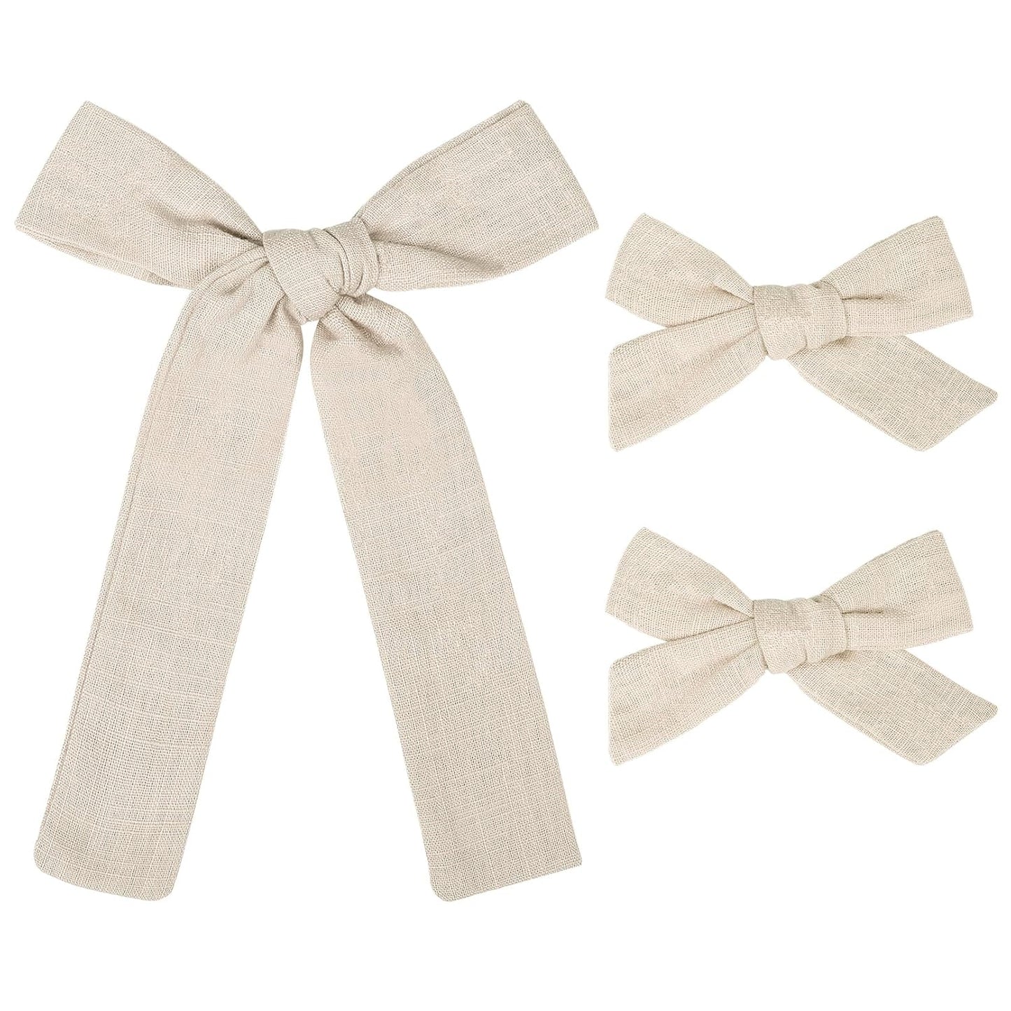 DEEKA Beige Cotton Linen Hair Bows 2 Sizes 5"&3.5" Soft Hair Bow set for Toddler Girls Long Ponytail Knot Bows Alligator Clip Hair Accessories for Little School Girls (Beige)