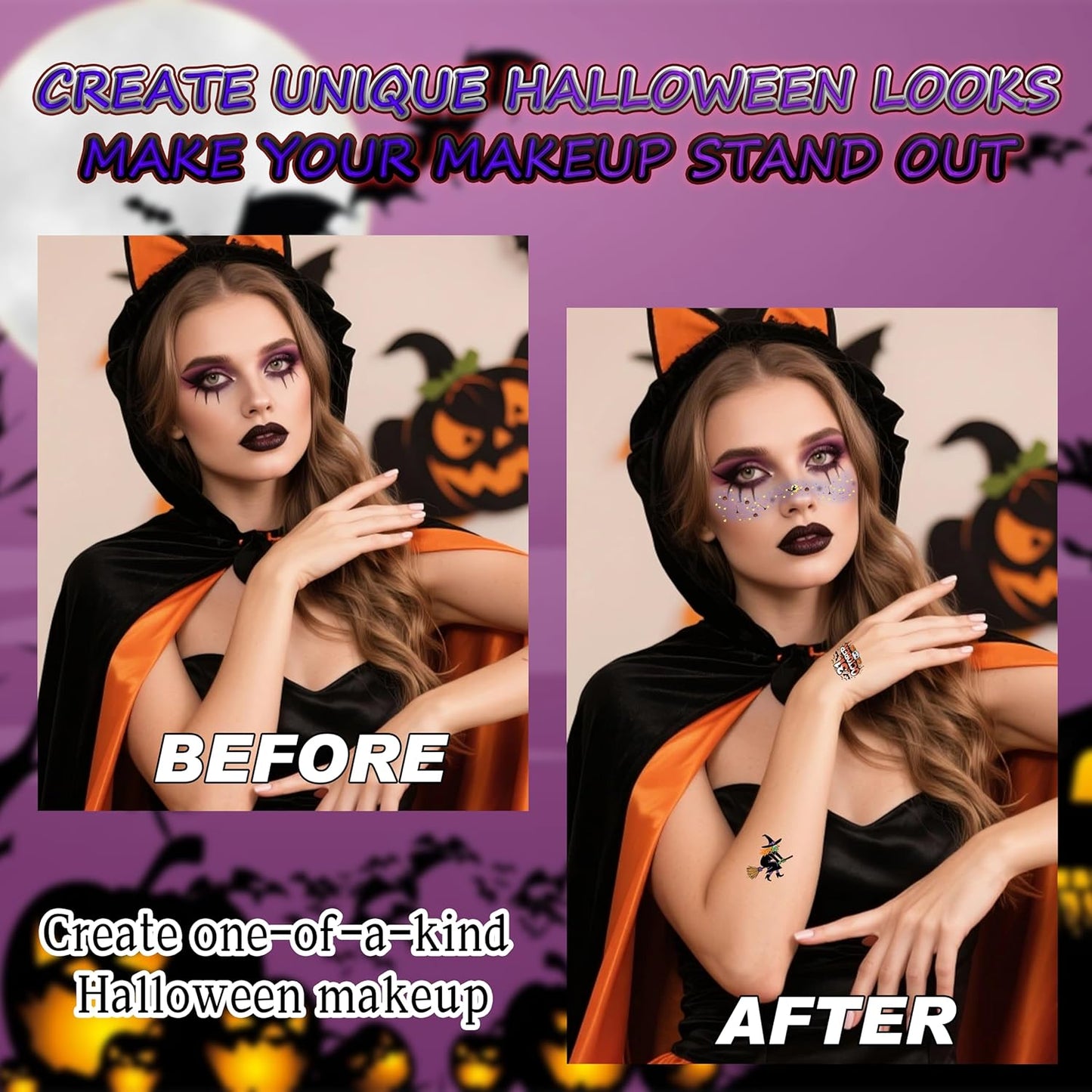 8 Pcs Halloween Face Gems Glitter Freckles Tattoos - Waterproof Face Jewels with Pumpkin Ghost Designs - Sparkling Face Makeup Stickers for Women, Kids, Party & Rave Supplies