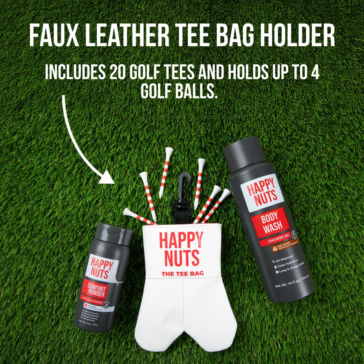 Happy Nuts Tee Bag Bundle for Men – Golf-Themed Grooming & Game Day Essentials - Perfect Men's Gift Kit for Golfers - Sandalwood Body Wash, Anti-Chafing Comfort Powder Deodorant & Golf Ball Tee Bag