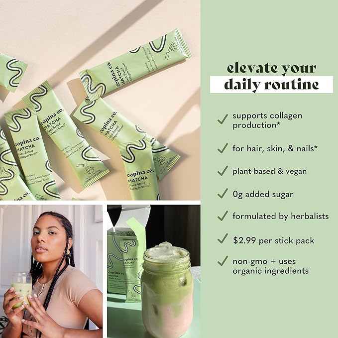 Matcha Beauty Vegan Collagen Booster Drink Blend: Plant Based Collagen Support Smoothie Drink Vegan Blend Variety Pack | Matcha Flavor | 10 Individual Stick Packs per Carton