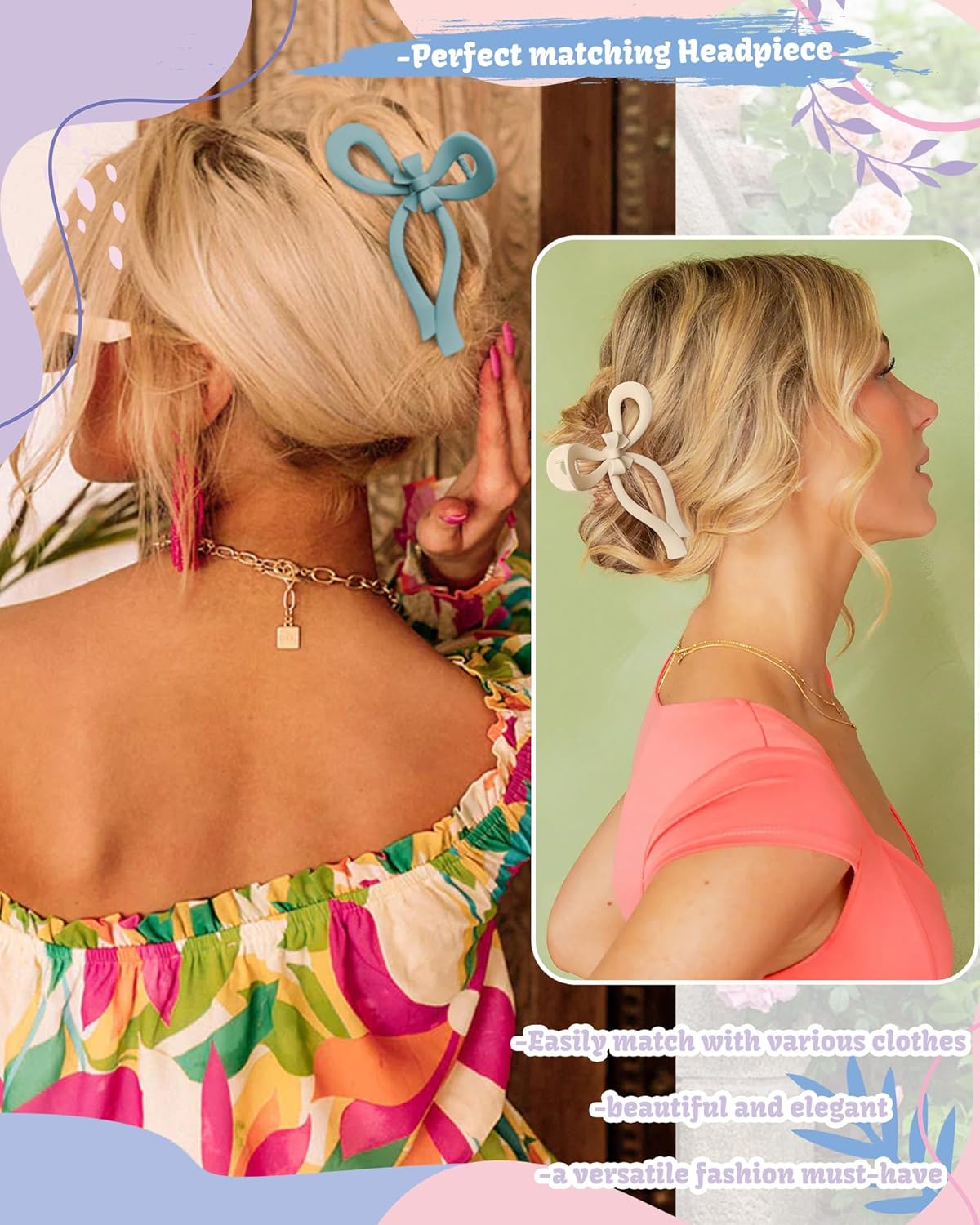 4 PCS Bow Hair Clips Bow Claw Clip for Women Nonslip Large Hair Claw Clips for Thin and Thick Hair Strong Hold Hair Bows (Pink+Blue+Green+Off-White)