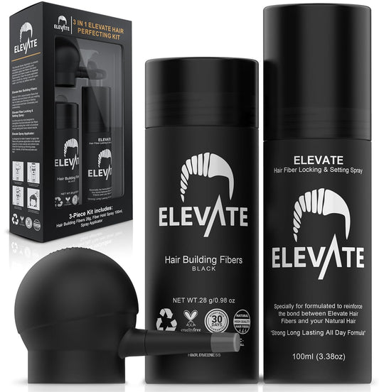 ELEVATE Hair Perfecting 3-in-1 Kit Set Includes Natural Hair Thickening Fibers & Spray Applicator Pump Nozzle & Locking Setting Hold Spray | Instantly Conceal Balding and Thinning Areas (Black)