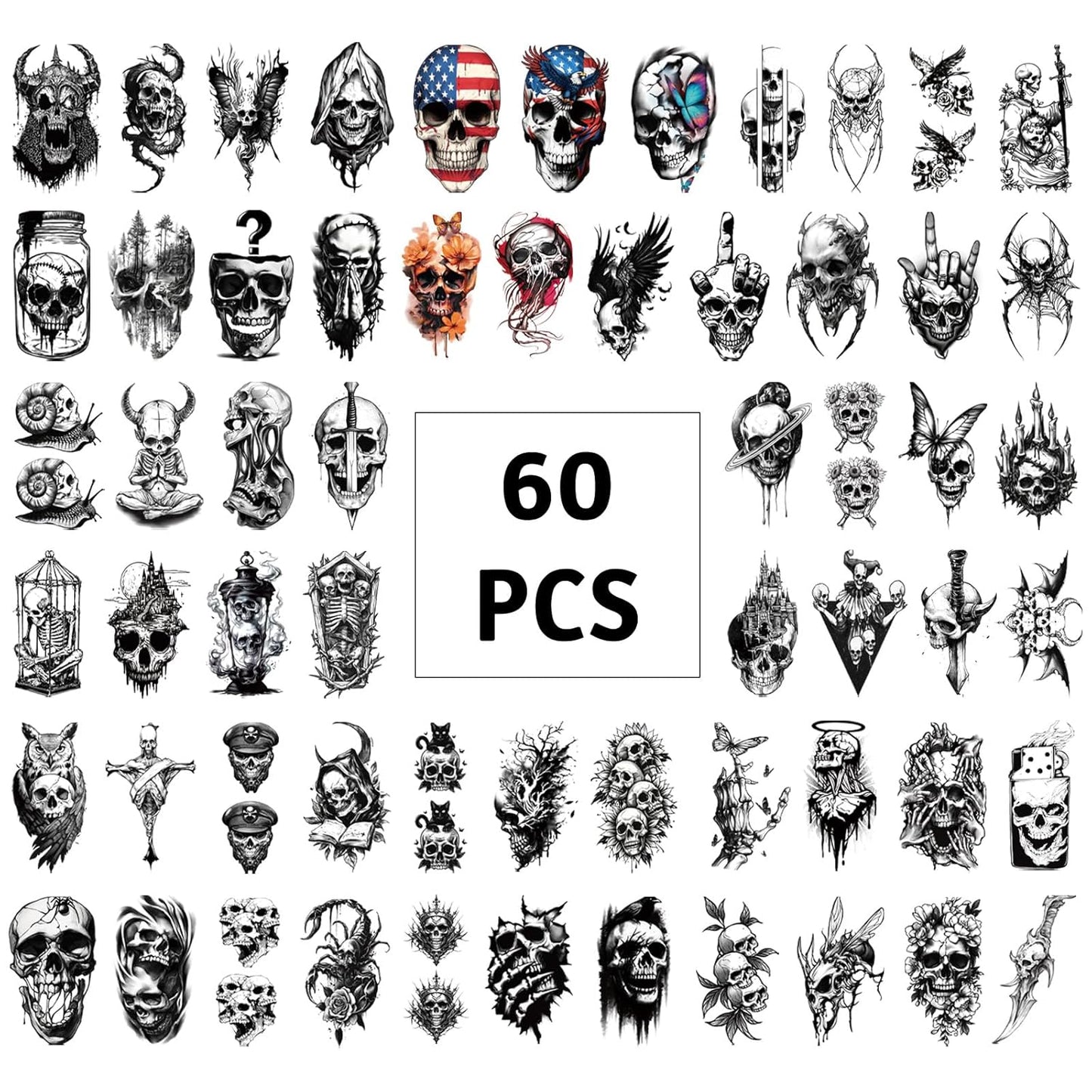 Skull Temporary Tattoos for Adults, 77 Sheets Skeleton Gothic Fake Tattoos for Men and Women, Black Large Sleeve Tattoo Stickers for Kids
