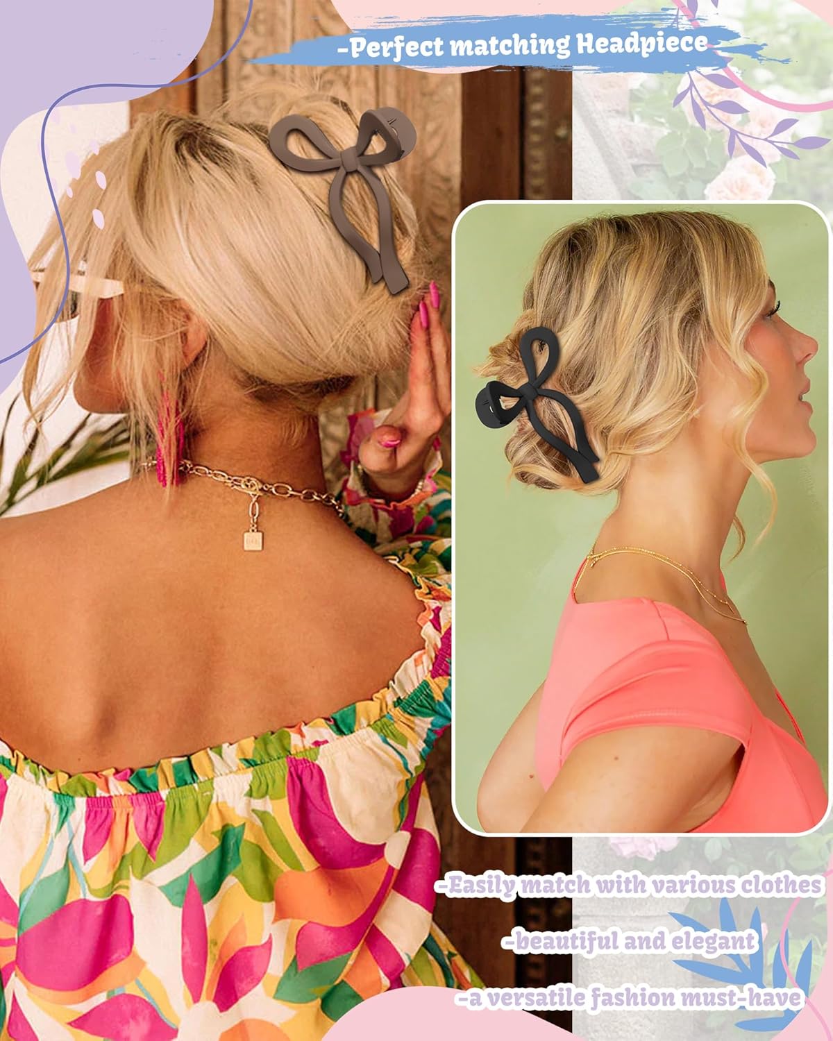 4 PCS Bow Hair Clips Bow Claw Clip for Women Nonslip Large Hair Claw Clips for Thin and Thick Hair Strong Hold Hair Bows (Black+Dark brown+Khaki+Light brown)