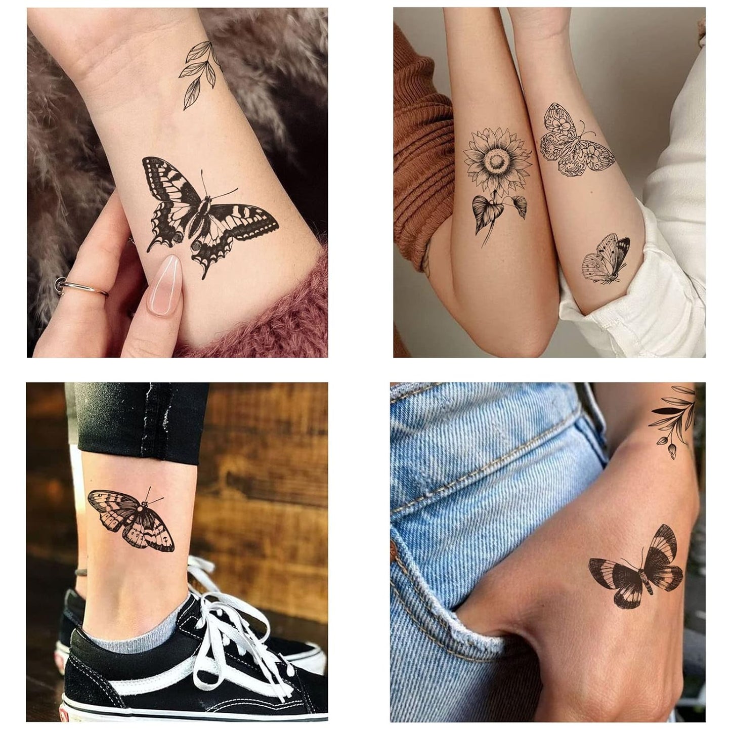 Tazimi 6 Sheets Black Flower Butterfly Temporary Tattoos For Women Girls Long Lasting Realistic Waterproof Fake Tattoos Arm Legs Chest Body Art Sketch Tattoo Stickers