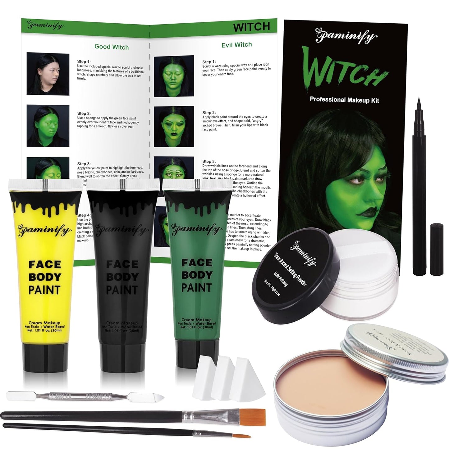 Halloween Elphaba Makeup Kit,Complete Black Green Yellow Face Body Paint with Scar Wax SFX Makeup Set,Frankenstein Green Witch Costume with Setting Powder for Stage,Cosplay, and Theater