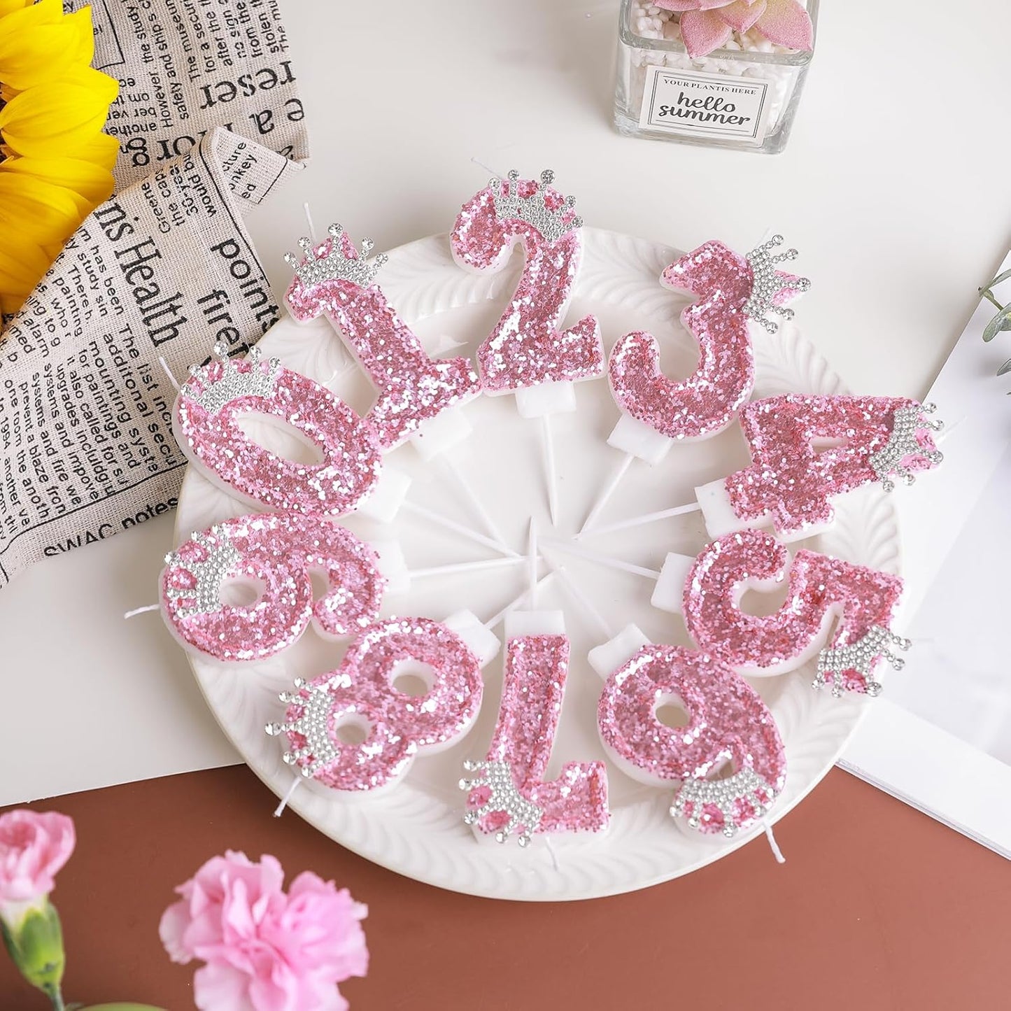 Birthday Number Candles,Pink Crown Birthday Candles for Cake,Glitter Number 5 Candle Cake Topper with Sequins for Girls,Women, Anniversary Celebrations Supplies (Pink 5)