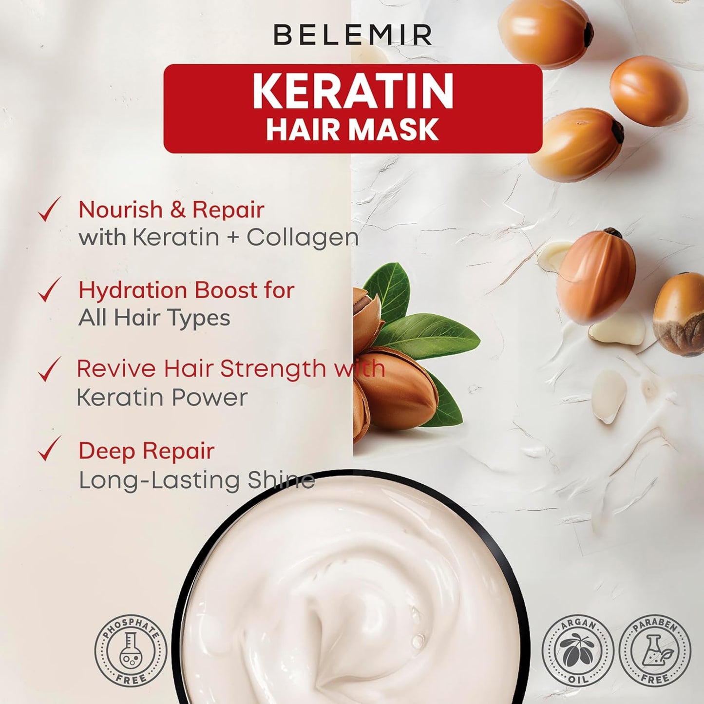 BELEMIR Keratin Hair Mask – Deep Conditioning for Damaged Hair – Collagen & Argan Oil Treatment – Hydrating & Repairing – Sulfate & Paraben Free – 500 ml / 16.9 fl oz