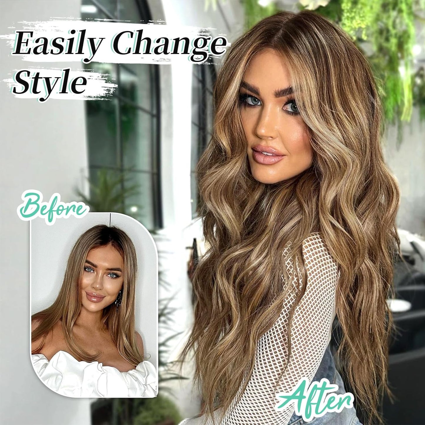 KooKaStyle Hair Extensions Medium Brown mix Caramel Blonde Clip in Synthetic Highlight Hair Extensions Long Wavy 4PCS Thick Hairpieces 20 Inch for Women
