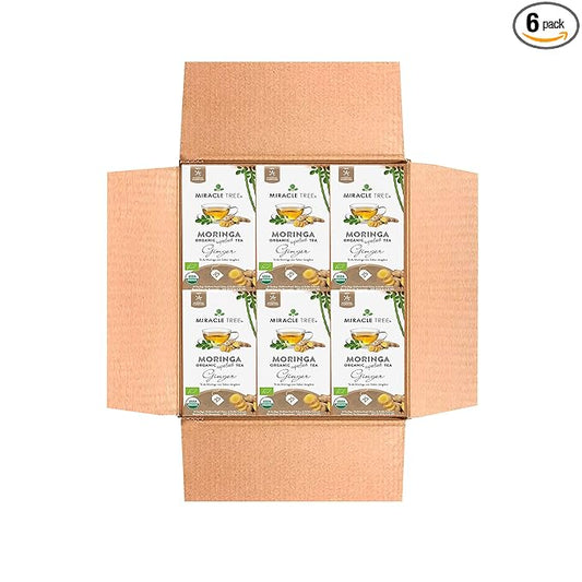 Miracle Tree - 6 Count of Organic Moringa Superfood Tea, 25 Individually Sealed Tea Bags, Ginger (Keto, Detox, Energy/Immunity Booster, Vegan, Gluten-Free, Organic, Non-GMO, Caffeine-Free)