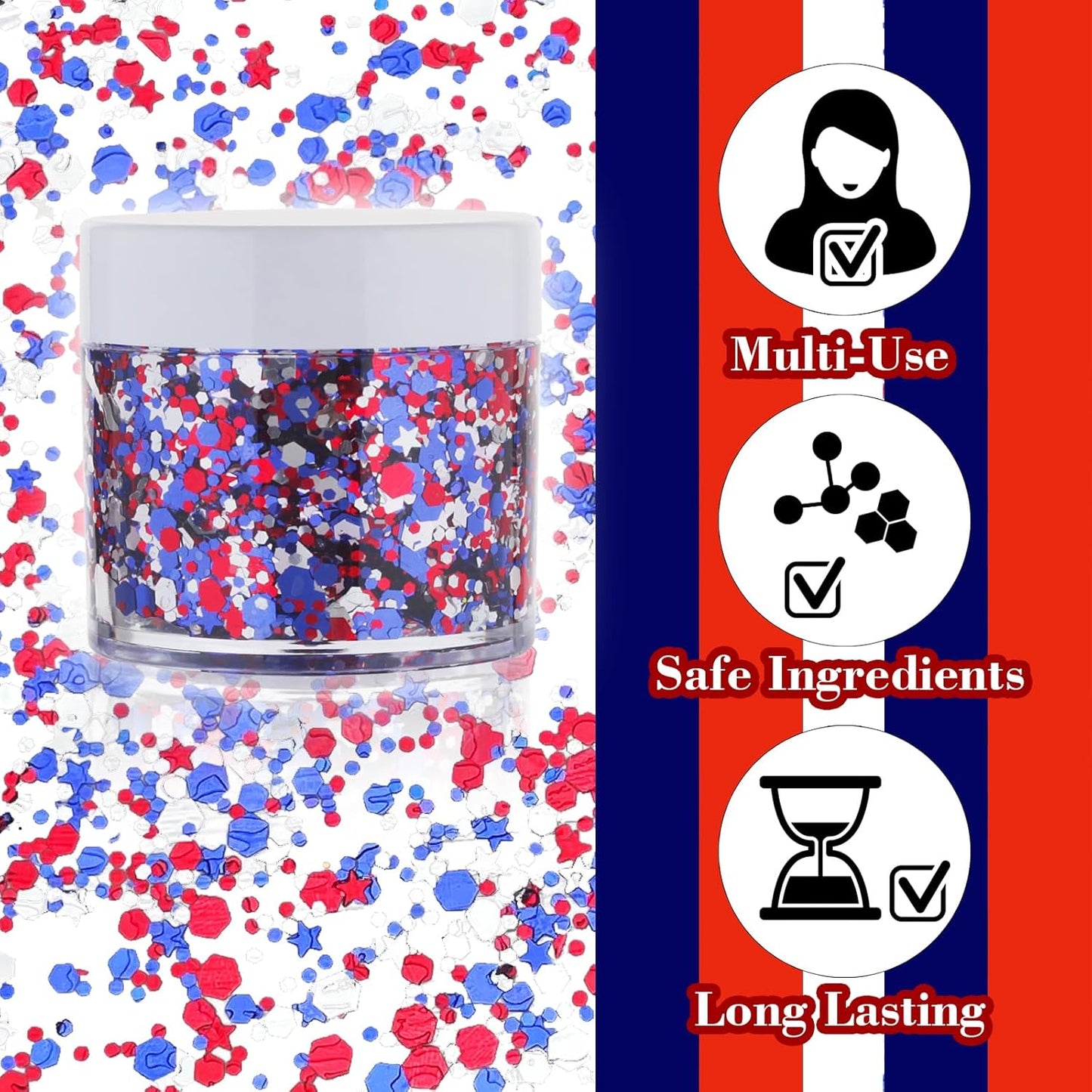 Red White Blue USA Patriotic Face Glitter,4th of July Accessories Hair Glitter for Kids,Blue Body Glitter Face Paint,Fourth of July Outfits for Women,Festival Party Celebrations Makeup