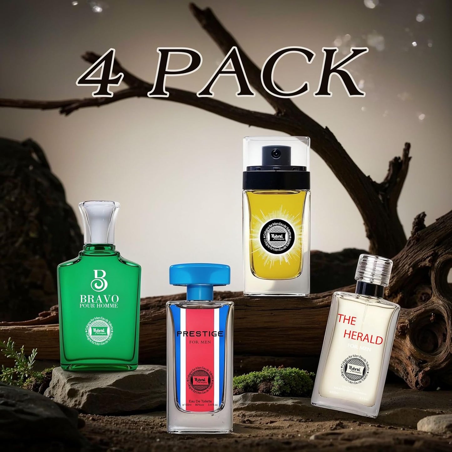 Hybrid & Company Mens 4 Pcs L'Homme Intense France Prestige Bravo Pour Homme Eau De Perfum Vaporisateur Natural Spray