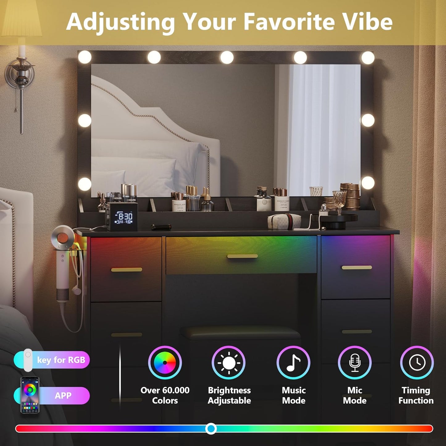 Makeup Vanity with Large Lighted Mirror and Chair, 7 Drawers Vanity Makeup Desk Table with Power Strip, Adjustable Lighting, and Cushioned Storage Stool for Women, Girls