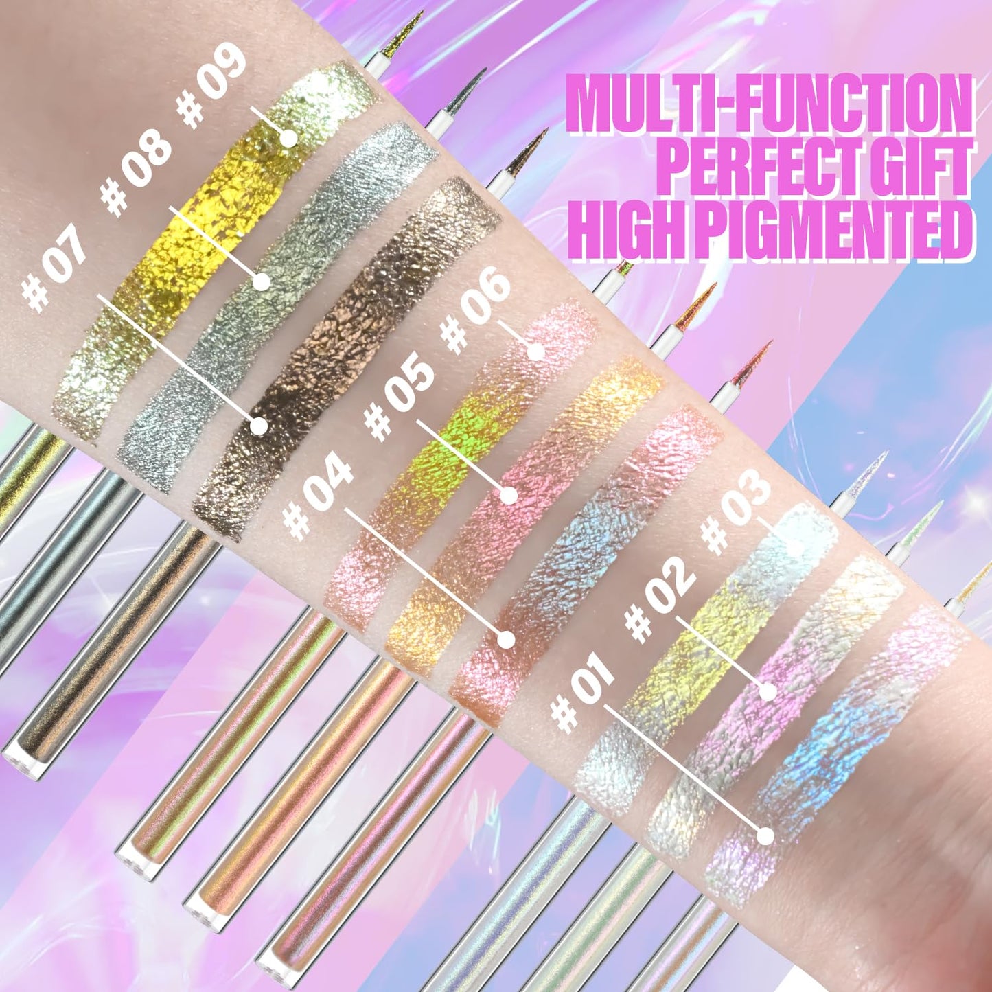 Multichrome Liquid Eyeshadow Set,3 Colors Multi-Dimensional Eye Liner Makeup,High Pigment Waterproof Metallic Eye Shadow,Ultre Fine Tip Glitter Eyeshadow (07 bronzer+08 armor+09 gold)