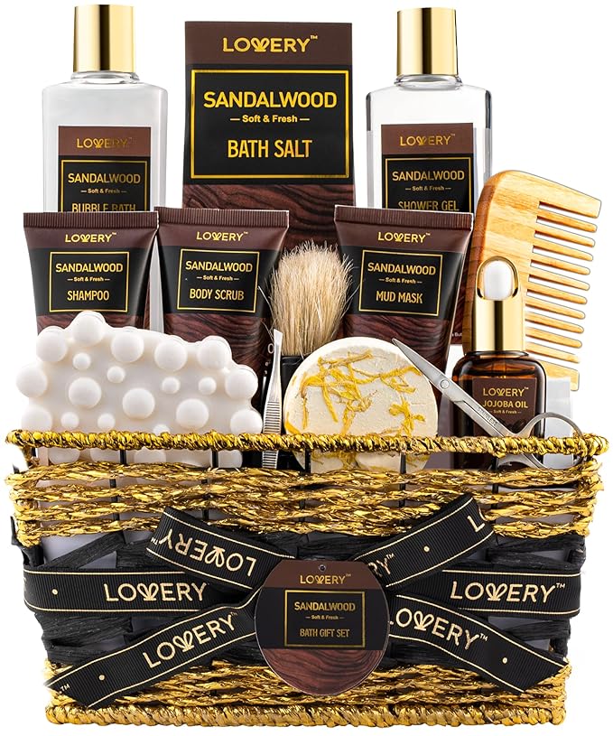 Mens Gift Set, 14Pc Sandalwood Bath Gift Set, Personal Self Care Kit, Gifts from Son, Relaxing Man Gift Basket for Dad, Boyfriend, Husband, Birthday Basket, Grooming & Skin Care for Men