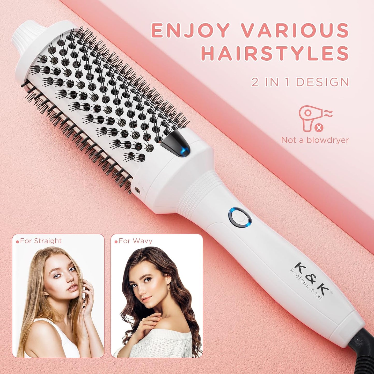 K&K Thermal Brush, White 1.77 Inch Heated Round Brush, Professional Heated Curling Ceramic Tourmaline Ionic Curling Iron, Hot Styling Volumizing Comb, Dual Voltage