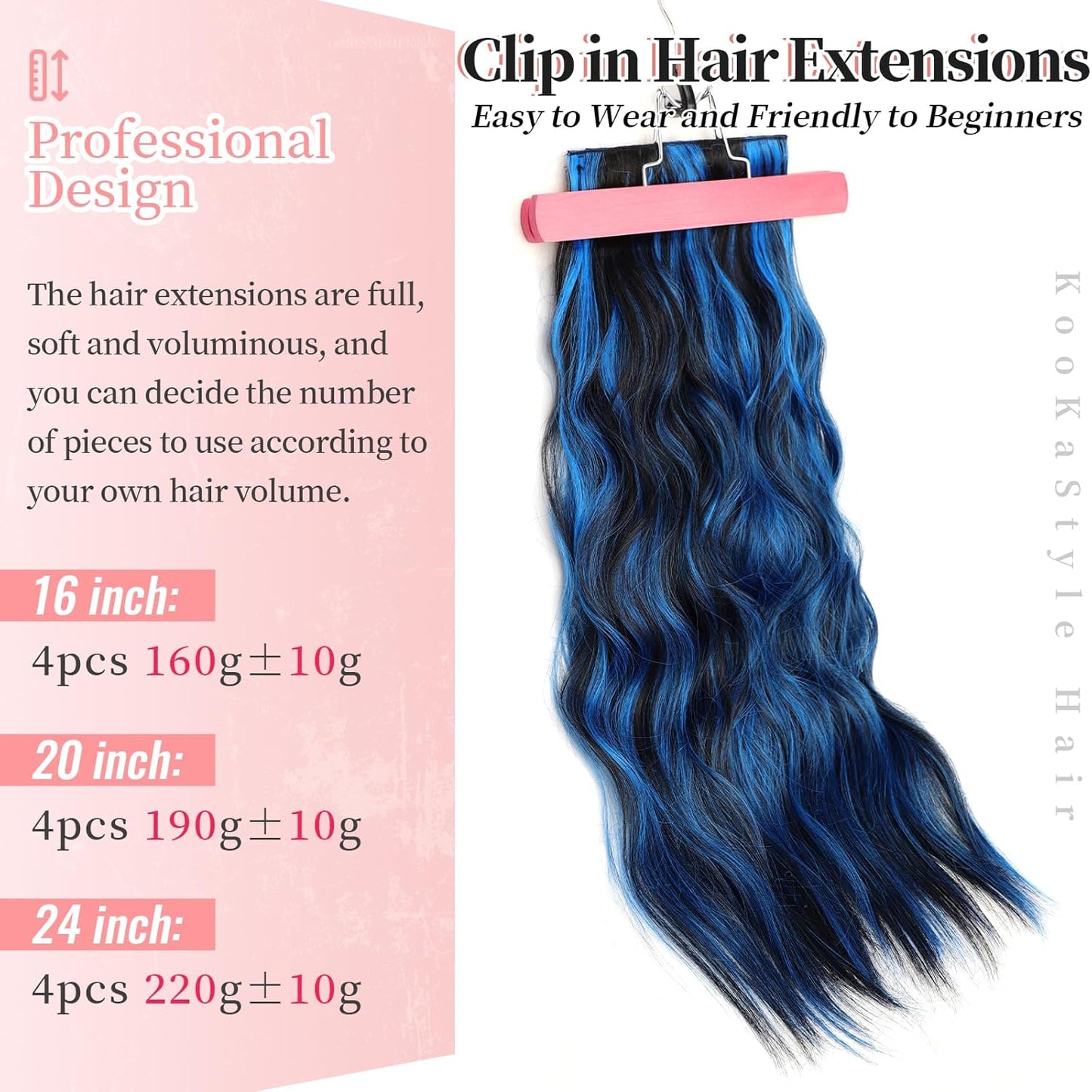 KooKaStyle Clip in Long Wavy Synthetic Hair Extension 24 Inch Blue - Black Streak 4PCS Thick Hairpieces Fiber Double Weft Hair for Women