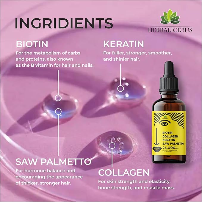 Liquid Collagen Supplements for Women - Comprehensive Formula Hair Skin Nails Supplement with 10000mcg Collagen 5000 mcg Biotin 5000 mcg Keratin 5000 mcg Saw Palmetto, Made in USA, 2fl oz