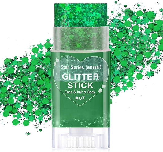 Green Body Glitter Stick,Waterproof Shimmer St Patrick's Day Outfit for Women,Mardi Gras Hair Glitter Rave Singer Concert,Green Alien Face Glitter Paint St Patricks Day Accessories