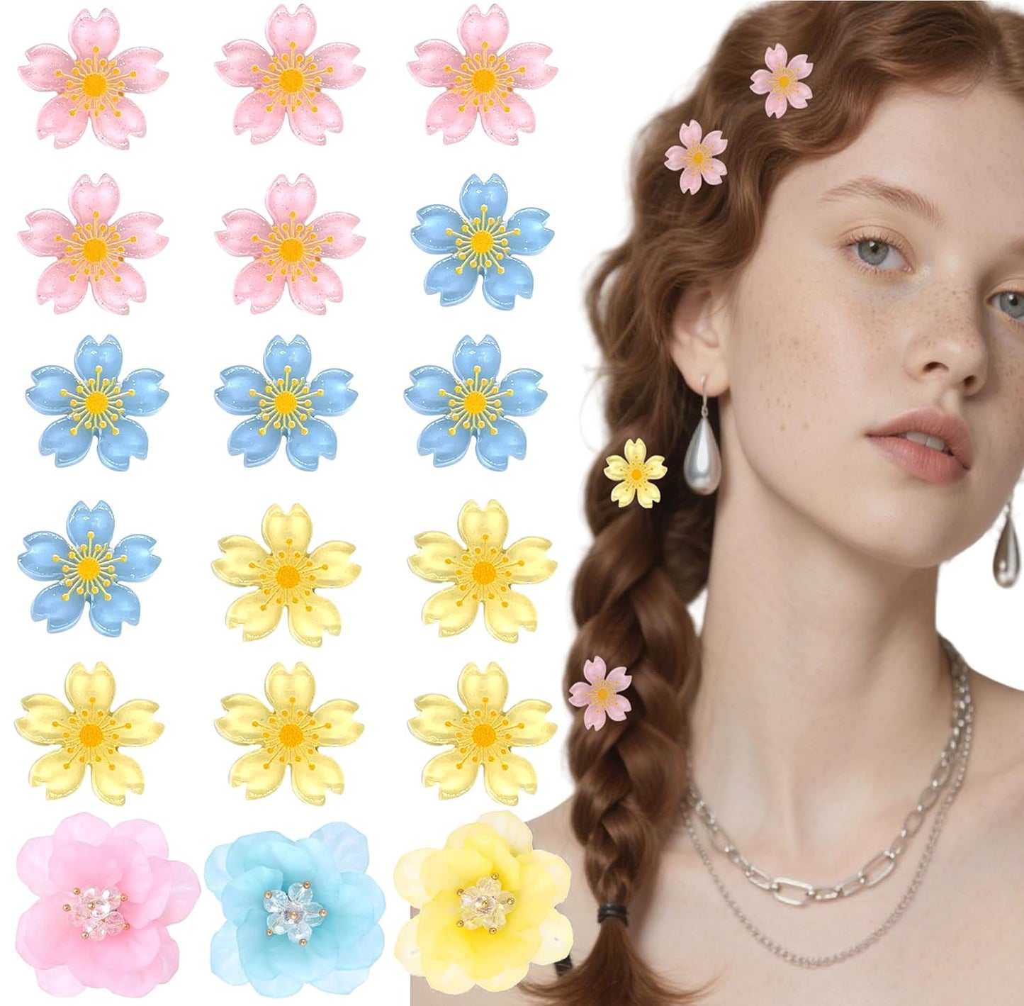 15PCS cherry blossom hair clip & 3PCSCamellia Flower y2k Hair Clips Set - Pink Blue Yellow Hard Floral Barrettes, Dainty Wedding Party Birthday Accessories Cute Flower Hair Clip for Women Girls