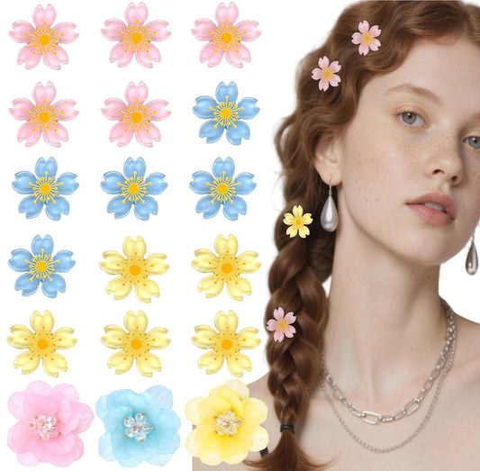 15PCS cherry blossom hair clip & 3PCSCamellia Flower y2k Hair Clips Set - Pink Blue Yellow Hard Floral Barrettes, Dainty Wedding Party Birthday Accessories Cute Flower Hair Clip for Women Girls