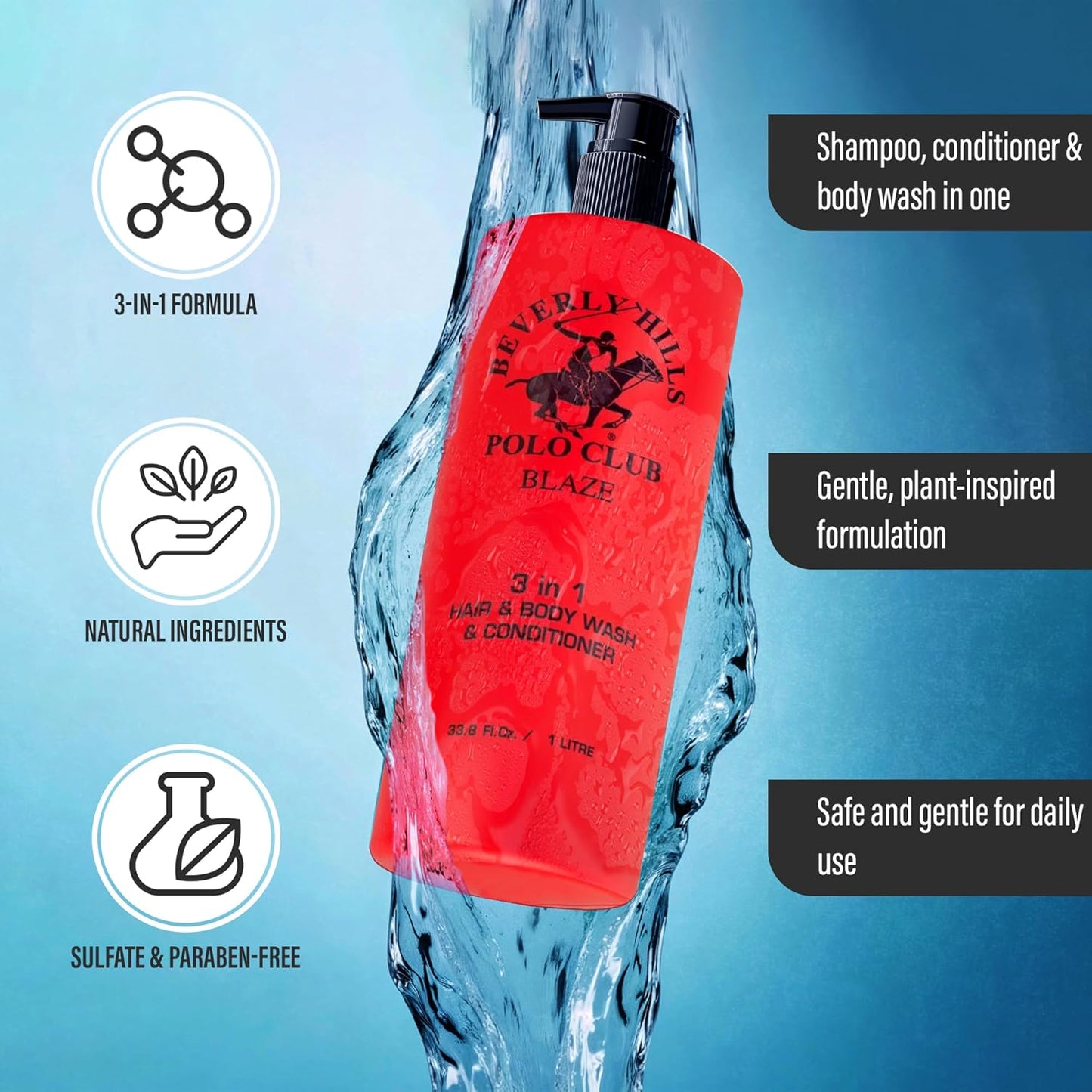 Beverly Hills Polo Club Men's 3-in-1 Shampoo Conditioner Body Wash | Blaze Scent | Premium All-Day Freshness & Invigorating Luxury Grooming | Large 33.8 fl oz Bottle