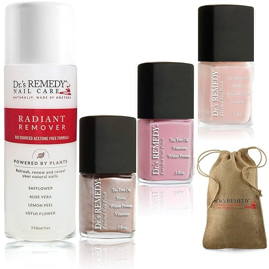 Dr's Remedy 4 Pack Nail Polish Treatment, Smart Start Kit, Non Toxic and Organic All Natural Enriched Nail Strengthener - RADIANT Remover/POISED Pink Champagne/POSITIVE Pink/PERFECT Petal Pink