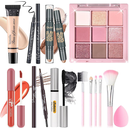 Makeup Set Kit for Women Girls Teens, Makeup Present Set, Includes 9 Color Eyeshadow, Counter Stick, Foundation, Eyebrow Pencil, Eyeliner, Mascara, Lip Gloss, 5Pcs Brushes, Sponge