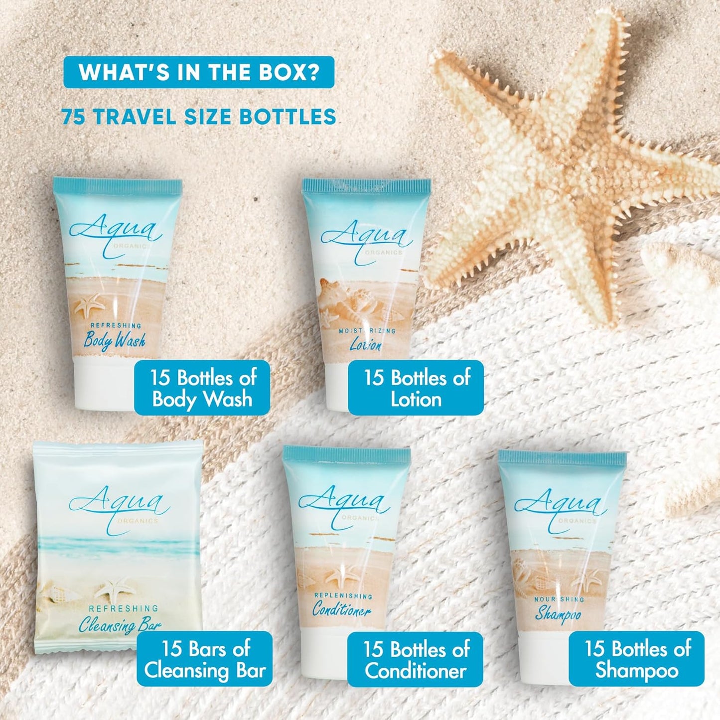 Aqua Organics Hotel Soaps & Toiletries Bulk Set | 1-Shoppe Amenities Kit | 1oz Shampoo & Conditioner, Body Wash, Lotion, 1oz Bar Soap | Travel Size | 75 Pieces