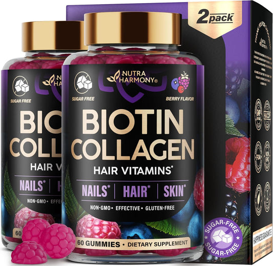 Biotin Gummies with Collagen - Hair Growth Support Skin, & Nail Strength - for Women & Men - Biotin 10000mcg | Keratin | Hyaluronic Acid | B-Complex | Saw Palmetto - Sugar-Free, Mixed Berry, Pack of 2