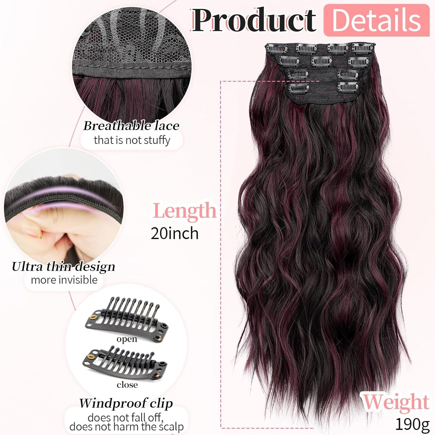 KooKaStyle Clip in Synthetic Hair Extensions Long Wavy 4PCS Thick Hairpieces Burgundy mix Dark Brown Fiber Double Weft Natural Hair Extensions 20 Inch for Women