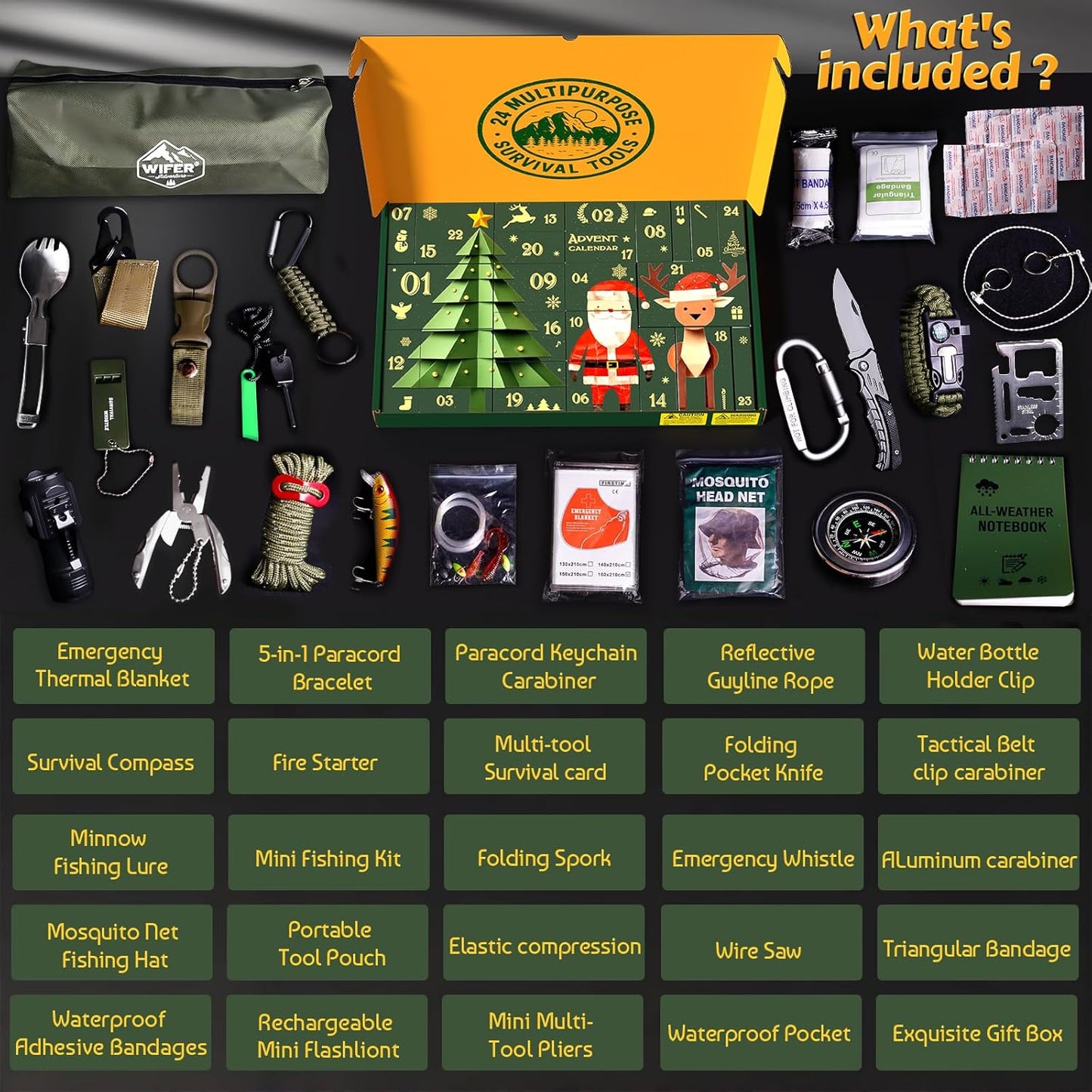 Survival Kit Advent Calendar 2025 for Men – 24 Days Christmas Countdown Survival Tools for Adult Teen, Xmas Holiday Surprise Gifts for Outdoor Enthusiasts, Camping, Fishing, Hunting, Hiking