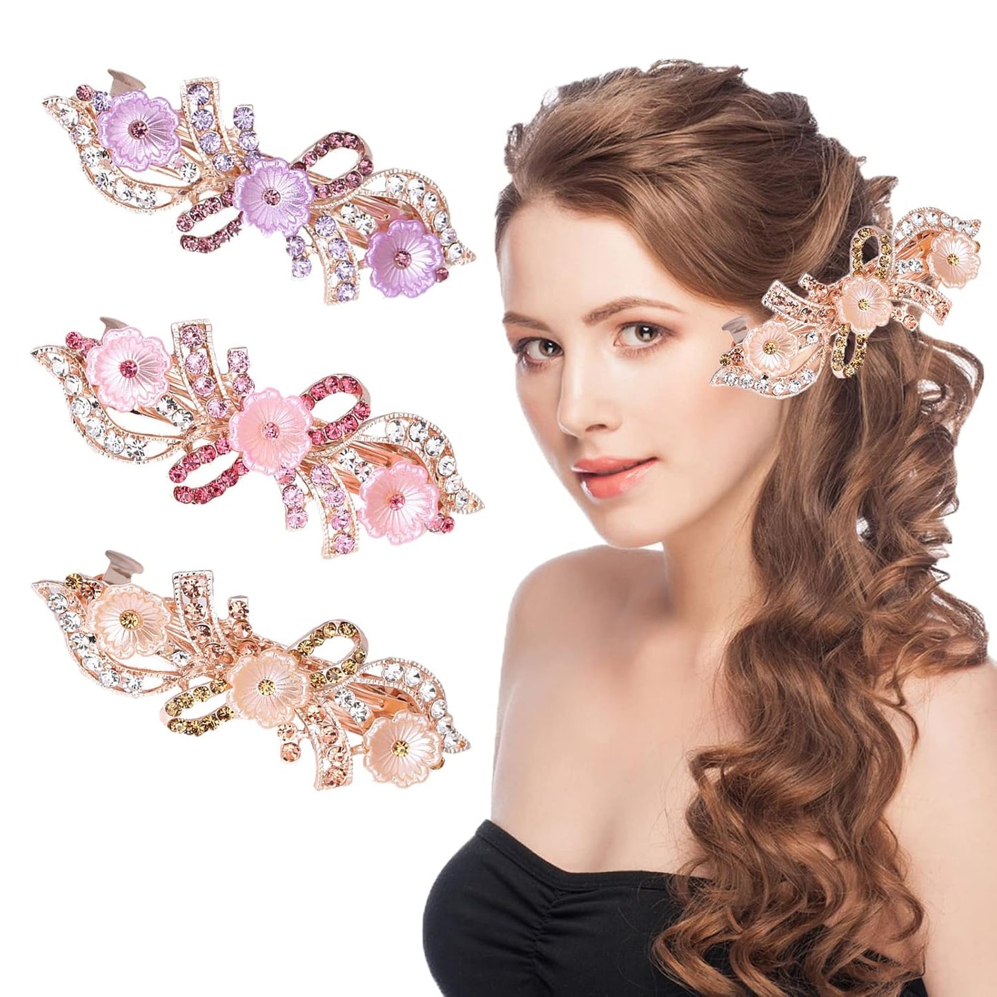 3 PCS Luxurious Flower Metal French Barrettes Hair Claps Alloy Rhinestones Hair Accessories Women Girls 6cm, 1-tf Multicolor B