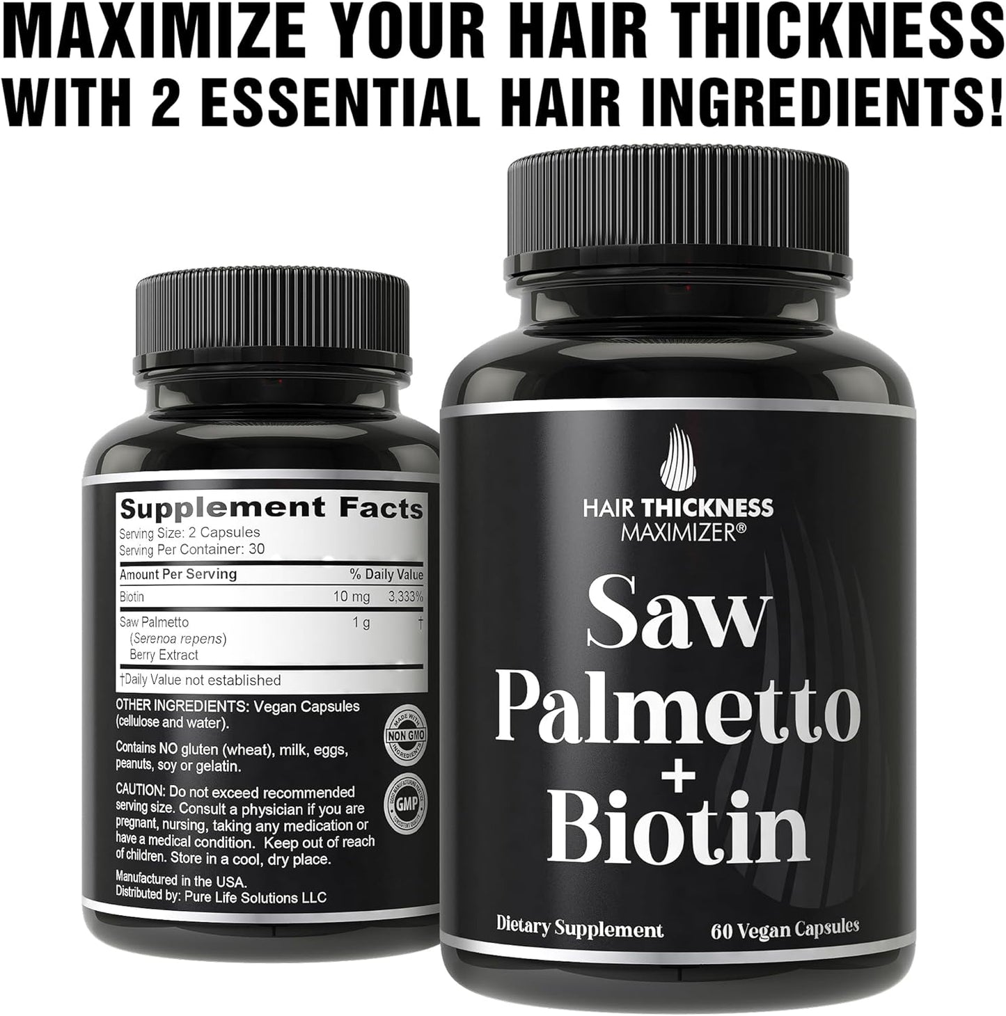 Saw Palmetto + Biotin Advanced 2-in-1 Combo for Hair Growth. Vegan Capsules Supplement with Natural Saw Palmetto Extract + 10000mcg Biotin. Hair Loss and Regrowth Pills for Men and Women. DHT Blocker