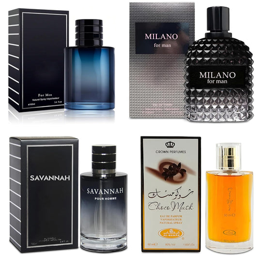 4-Piece Cologne for Men Includes Choco Musk/SE/Savannah/Milano Scent of Woody, Spicy, Citrus & Aromatic eau de parfum Men Gift Set Each 100Ml for Daily Use