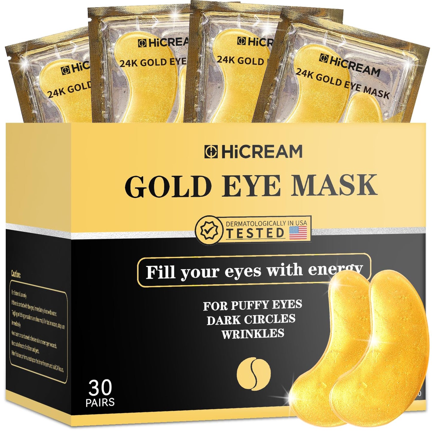 24k Gold Under Eye Patches - 30 pair Eye Mask Pure Gold Anti-Aging Collagen Hyaluronic Acid Under Eye Mask for Dark Circles, Puffiness & Wrinkles Refresh Your Skin