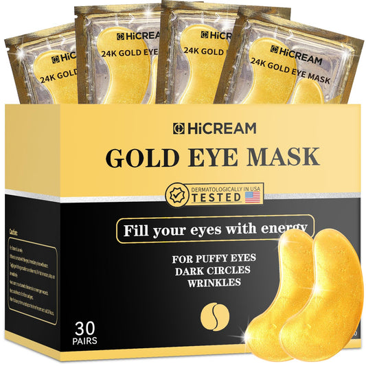24k Gold Under Eye Patches - 30 pair Eye Mask Pure Gold Anti-Aging Collagen Hyaluronic Acid Under Eye Mask for Dark Circles, Puffiness & Wrinkles Refresh Your Skin