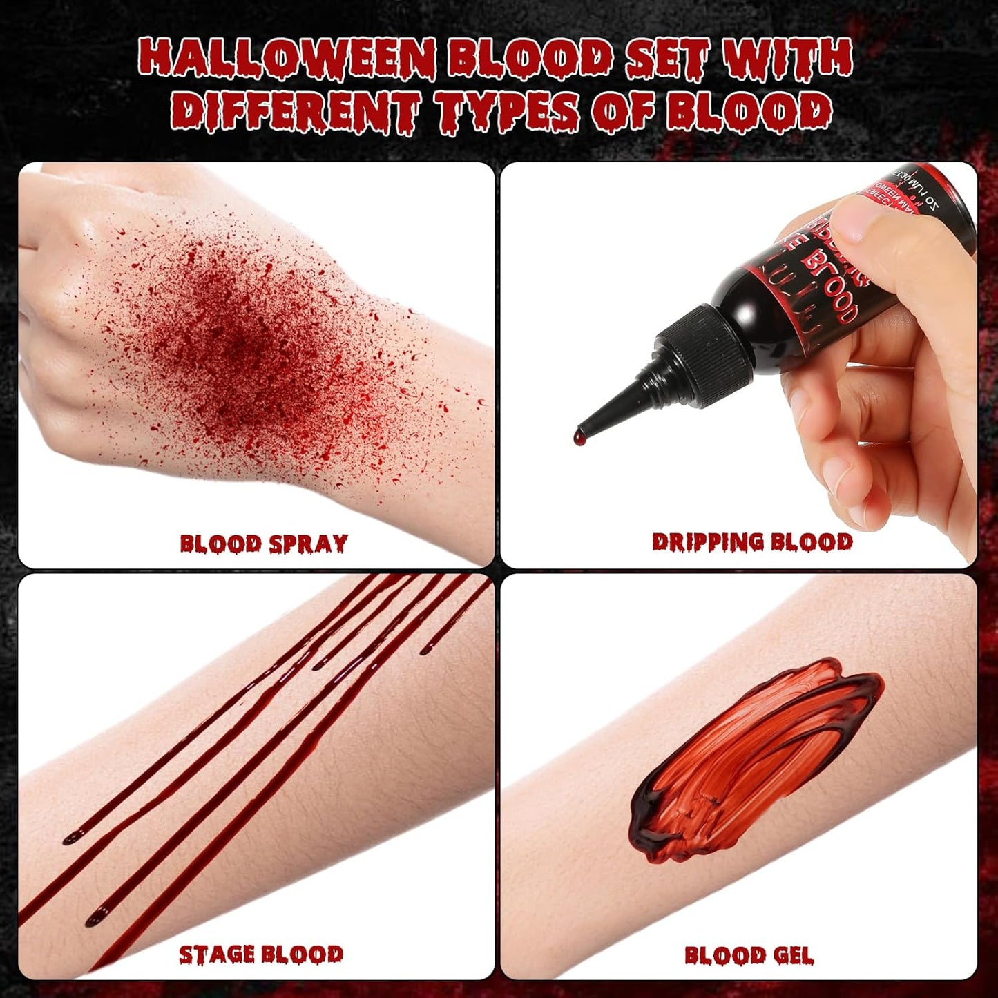 Halloween Fake Blood Makeup Kit - Includes Realistic Coagulated Blood Gel, Fake Blood Spray, Dripping Blood, Stage Blood, for Zombie Vampire Cosplay Party Mouth Clothes