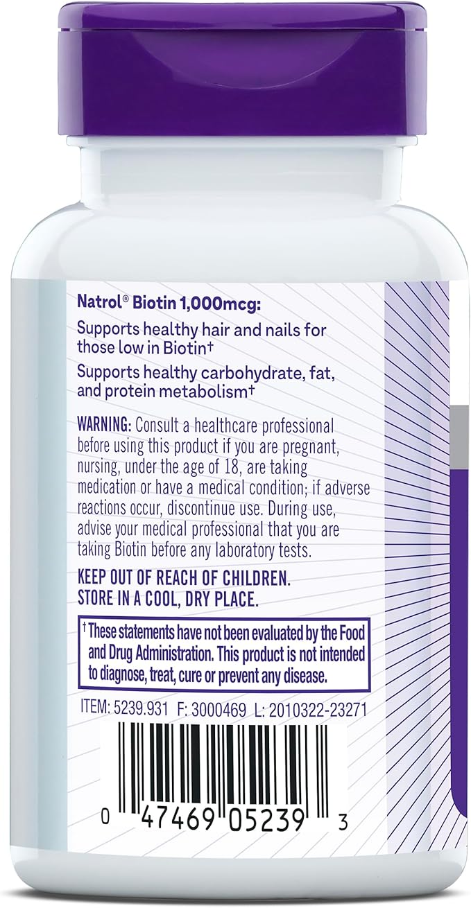 Natrol Beauty Biotin 1000mcg, Dietary Supplement for Healthy Hair, Skin, Nails and Energy Metabolism, 100 Tablets, 100 Day Supply
