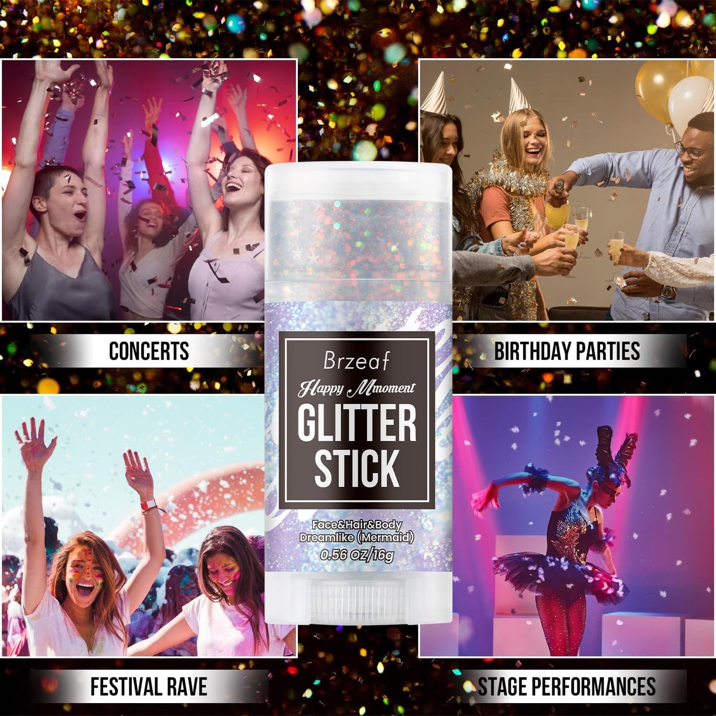 Brzeaf Waterproof Mermaid Glitter Stick, Shimmery& Long Lasting, Hallowen Hair Eyeshadow Face Body Glitter, Singer Concert Music Rave Festival, Glitter Stick Makeup & Face Glitter Gel for Women Men