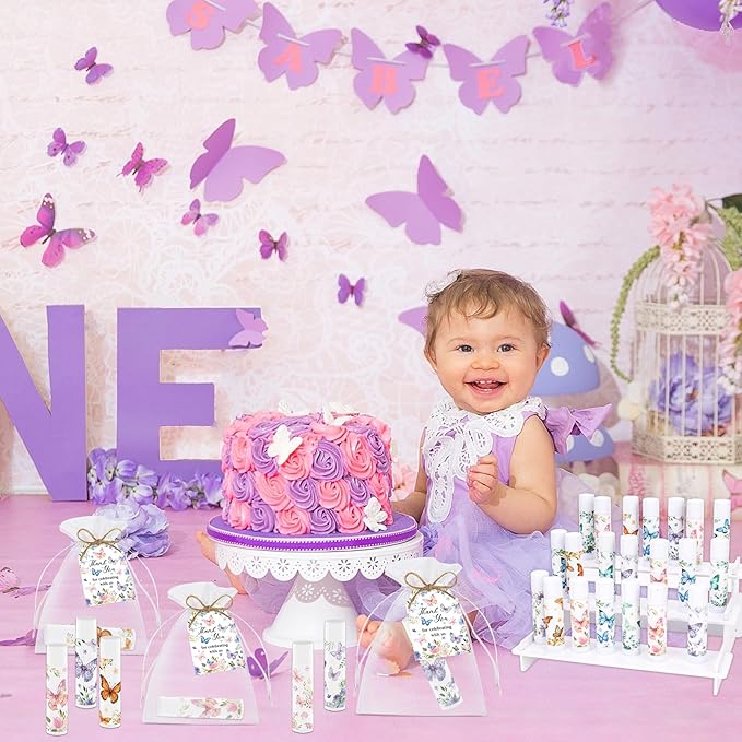 50Pcs Butterfly Baby Shower Favors Lip Balm Bulk Thank You Gift for Women Staff Moisturizing Lip Care with Organza Bag and Tag for Bridal Shower Mother's Day Party Favor Supplies (Butterfly)