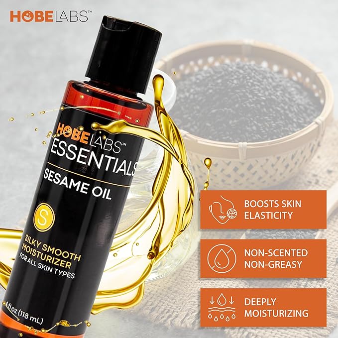 Hobe Labs Sesame Oil - 4 oz - Natural Moisturizer for All Skin Types, Antioxidant & Vitamin Rich Formula, Premium Massage Oil with Light Texture to Rejuvenate and Revitalize