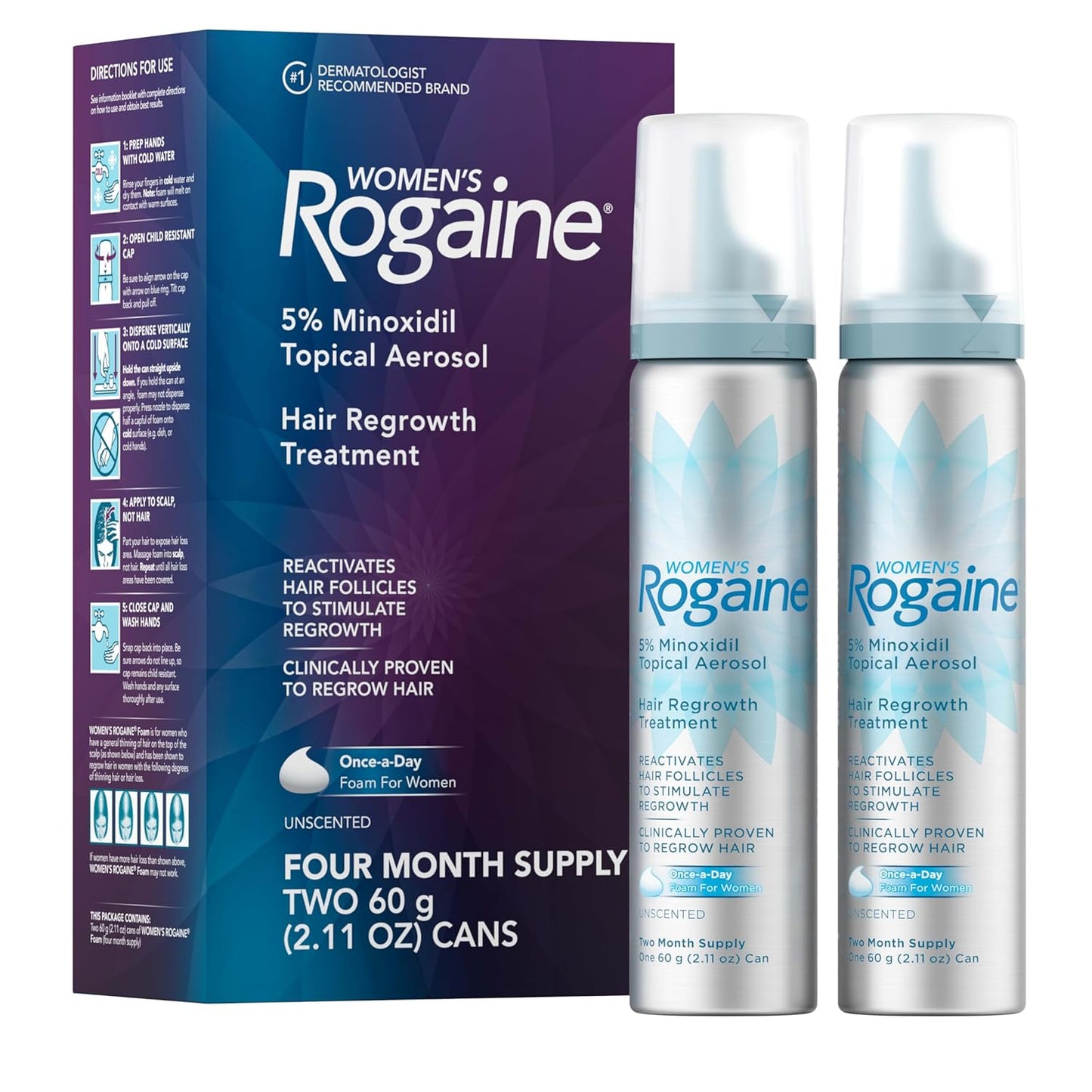 Rogaine for Women 5% Minoxidil Foam, Growth Treatment for Thinning & Hair Loss, Once-A-Day Unscented Topical Foam, Regrow Fuller Thicker Hair, Dermatologist Recommended, 4-Month Supply, 2 x 2.11 oz