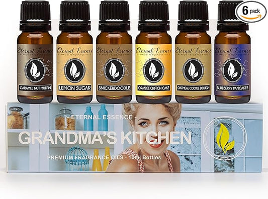 Eternal Essence Oils Grandma's Kitchen Set of 6 Premium Fragrance Oils - Caramel Nut Muffin, Oatmeal Cookie Dough, Snickerdoodle, Orange Chiffon Cake, Lemon Sugar, and Blueberry Pancakes - 10ML