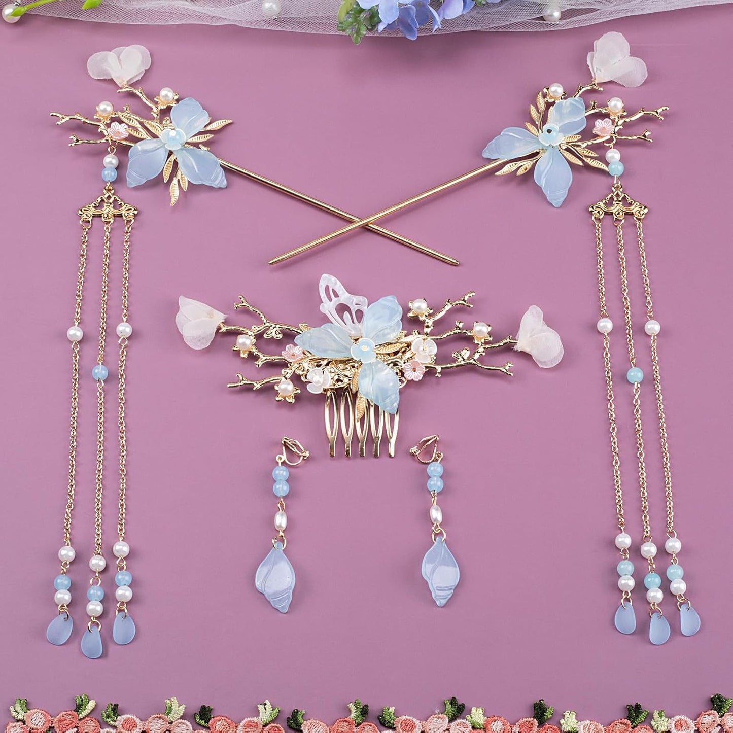 5pcs Flower Tassels Hairpin for Women, Non-Slip Crystal Pearl Greenstick Hair Clips, Retro Chinese Hanfu Wedding Brides Hair Accessories for Long Hair