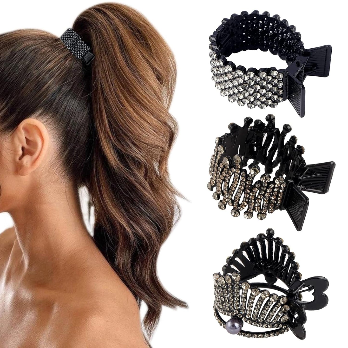 FRDTLUTHW 1.77Inch Small Hair Claw Clips for High Ponytail, Rhinestone Shark Hair Clips for Women Thick Long Hair (Black,Pack of 3)