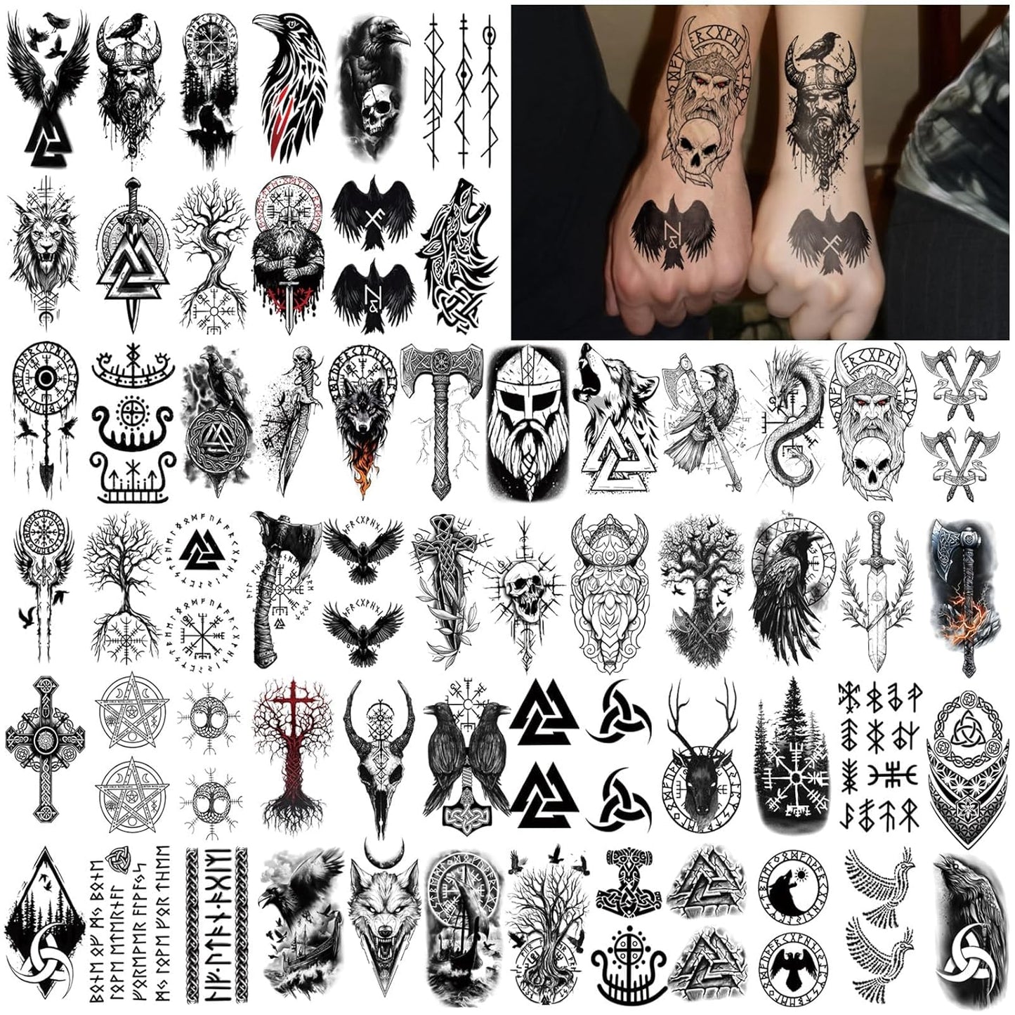 Viking Temporary Tattoos for Adults, 77 Sheets Viking Fake Tattoos for Men and Women, Black Large Norse Tattoo Sleeve Stickers